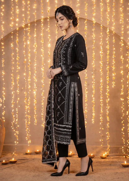 Party Wear Embroidered 3Pc Unstitched Suit | PJ-PWU-240832 - Black