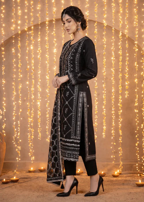 Party Wear Embroidered 3Pc Unstitched Suit | PJ-PWU-240832 - Black