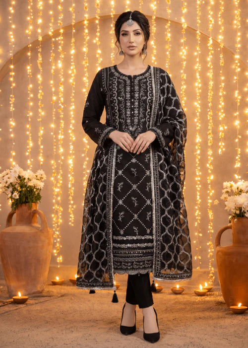 Party Wear Embroidered 3Pc Unstitched Suit | PJ-PWU-240832 - Black