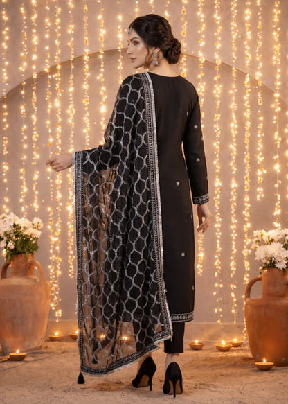 Party Wear Embroidered 3Pc Unstitched Suit | PJ-PWU-240832 - Black